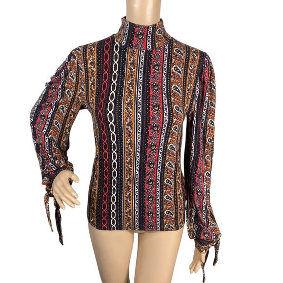 Free People Donatella Turtleneck Paisley Retro Stripe Boho Tied Sleeve Top SZ M - Picture 3 of 11
